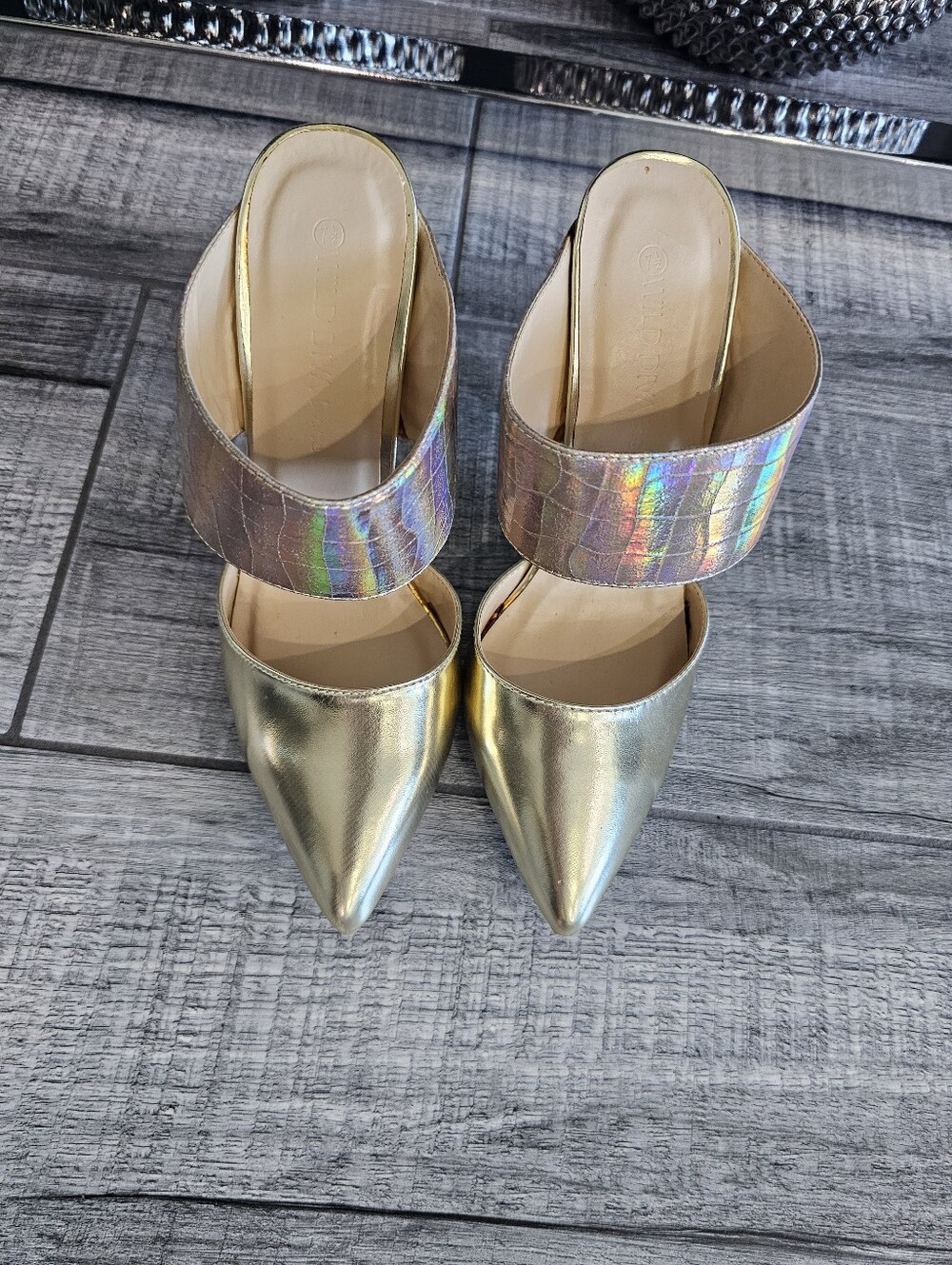 Wild DIVA Gold Pointed-Toe Mule with Holographic Strap - Women